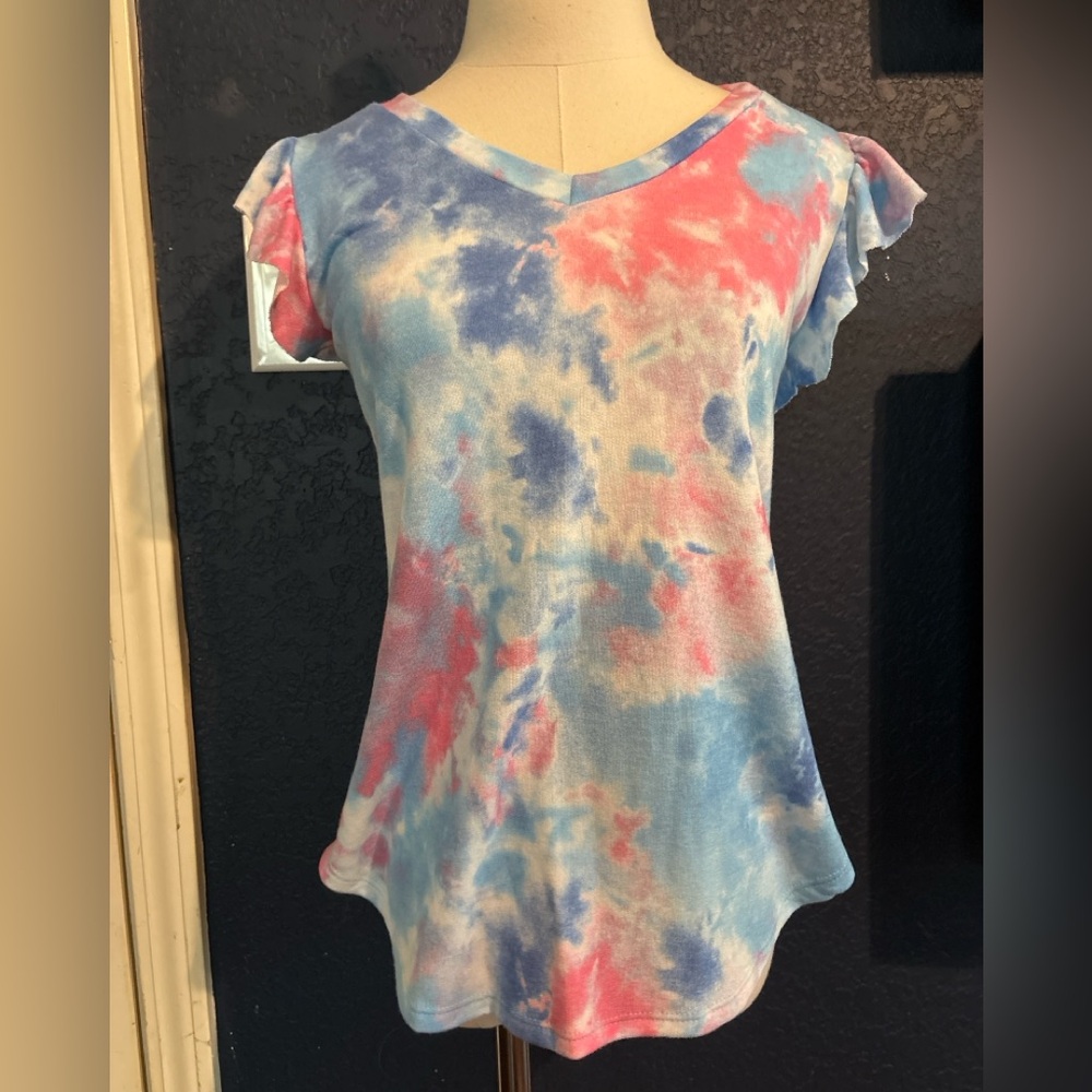 White Birch Tie Dye Top Small Blue Pink Flutter Sleeve Casual Shirt
